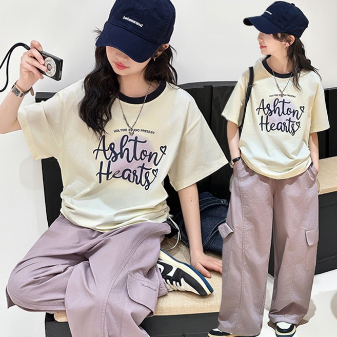 비비키드 여아 여름 초중생 반팔 긴바지 세트 주니어 영문 반팔티 상의+ 핑크 하의 세트 초등생 긴바지 세트