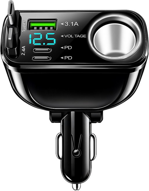 스피노 6포트 릴타입 시거잭 차량용 고속 충전기, 각도조절, 12V/24V 공용, C타입+애플8핀