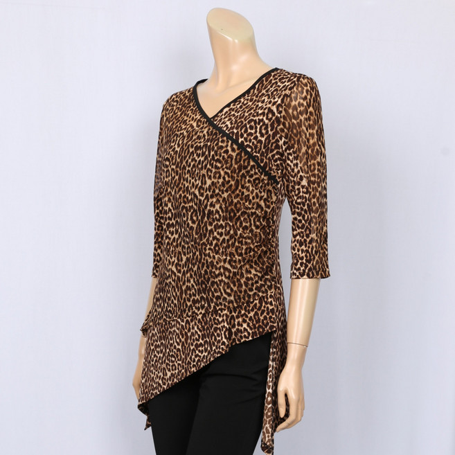 노브패리스 ODR3057 브라운 호피 댄스 롱 티셔츠 66에서99 뱃살커버 칠부 소매망사 블라우스 빅사이즈 중년여성의류 엄마옷