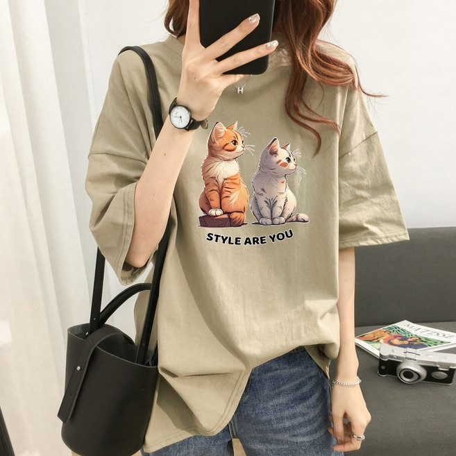 스타일아유 면100% 순면 귀여운 고양이 프린트 여름용 오버핏 반팔 티셔츠 원작 빅사이즈 루즈핏 반팔티 롱티 자체제작
