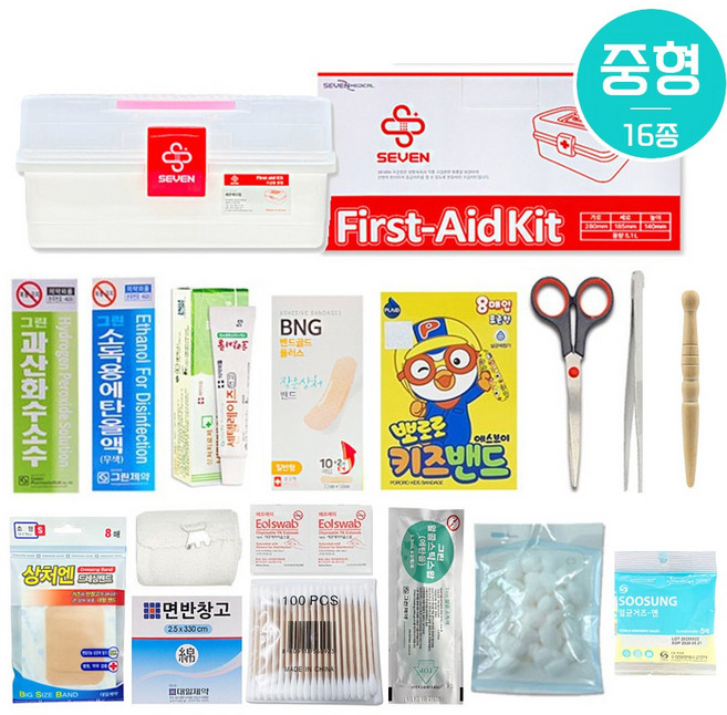 세븐메디 구급함 중형 + 구급약품 16종 세트, 1세트