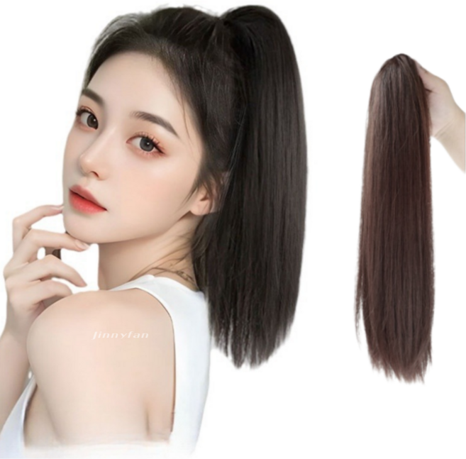지니판 머릿결 좋은 일자형 스트레이트 포니테일 가발, 1개, 다크브라운, 30cm