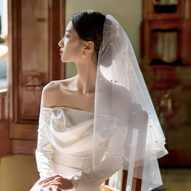 셀프웨딩 리본 면사포 베일 진주 촬영소품 브라이덜 샤워 숏 화이트, 1개, C.기본진주 화이트2단