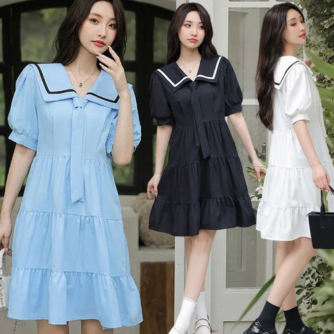 (완전 추천) 95kg까지 빅사이즈 여성 세일러 타이 퍼프 프릴 허리꼬임 원피스 여름 편한 심플 모던 패치워크 핏 예쁜 우아한 날씬해보이는 로맨틱 공주풍 a라인 스커트 원피스