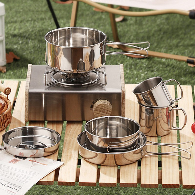 CookNest 304 스텐 야외용 캠핑 코펠 냄비 세트 식기 세트, 1세트, 실버