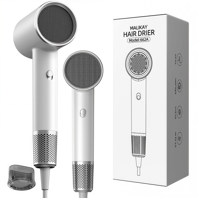 MALIKAY 헤어드라이기 블루음이온 고속 저소음 전문가용 드라이어 1800W EGTFF-1, 화이트
