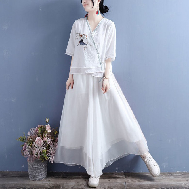 POMTOR 여성 여름 개량한복 생활한복 면마 자수 브이넥 블라우스+플레어스커트 버사이즈 투피스