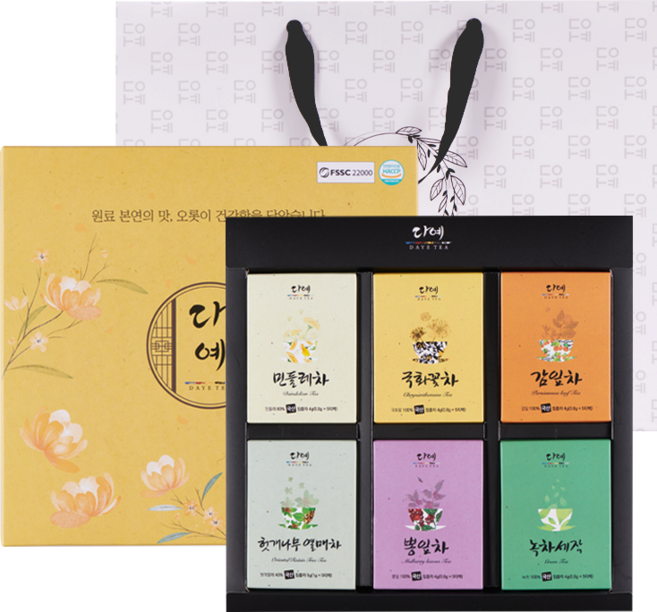 [본사직영] 다예 100%국산 꽃잎차 6종 티백 선물 세트+쇼핑백 (30티백) 국화꽃차+감잎차+헛개나무열매차+녹차세작+민들레차+뽕잎차, 1세트