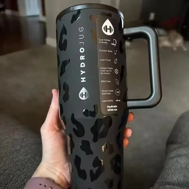 HydroJug 여행자 빨대 뚜껑 스테인레스 스틸 진공 단열 자동차 머그잔 이중 벽 아이스 텀블러 32OZ 40OZ, 1개, 05 Black Leopard - 쿠팡