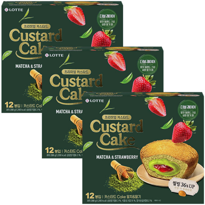 설향딸기잼과 말차크림 롯데 카스타드 말차&딸기, 3개, 288g