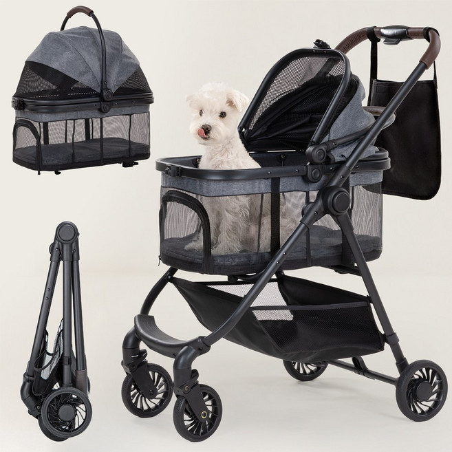 OJCME 접이식 반려동물 유모차 분리형 원터치 퀵볼딩 강아지유모차 중소형견용 개모차 고양이유모차 애견유모차, 1개, 그레이