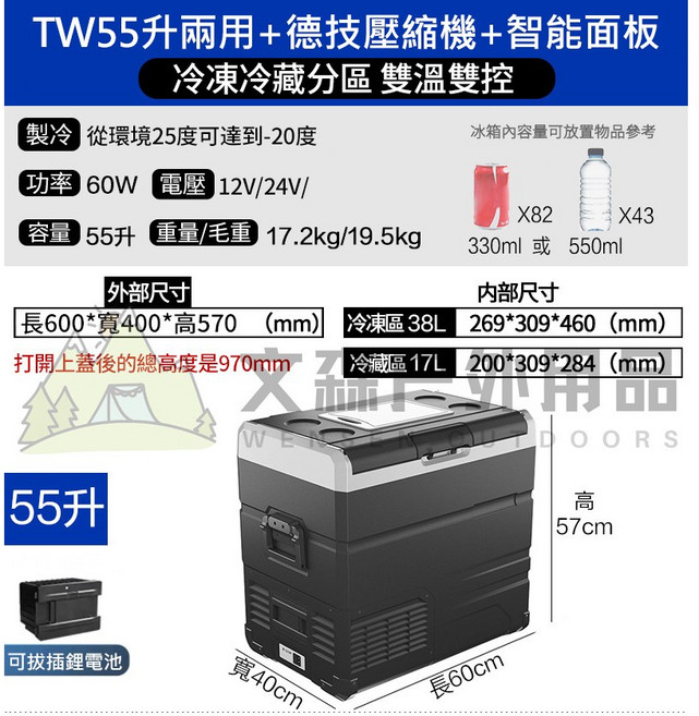 冰虎Alpicool TW雙溫控行動冰箱, TW55-55升+電池