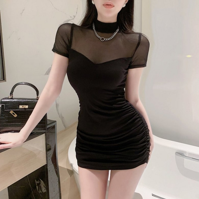 아이엠몽 여성 초커 스타일 시스루 반팔 미니 원피스