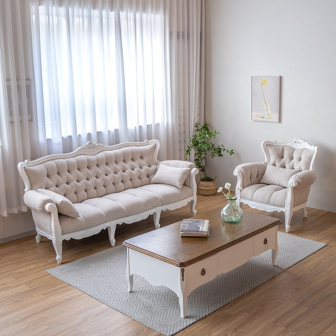 피어젠가구 아이비 프렌치 엔틱 원목 신혼 1인용 3인용 패브릭 소파, 3인용+1인용