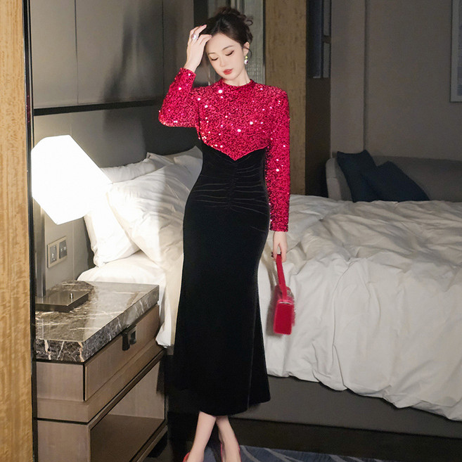 【亮片魚尾】晚禮服 連衣裙 宴會禮服 晚宴裙 禮服裙 法式圓領 修身顯瘦 亮片拼接 2026春裝新款 宴會年會派對, 黑色