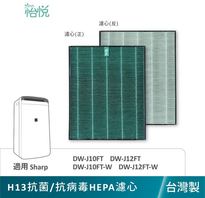 怡悅 適用 Sharp 夏普 DW-J10FT-W DW-J12FT-W 清淨除濕機 FZ-J10HFT, 1個, 抗菌/病毒HEPA濾心