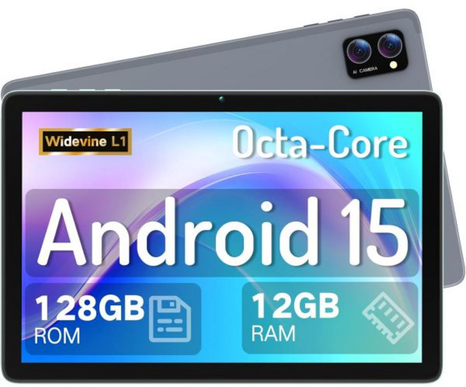 안드로이드 15 태블릿 10.1인치 제미니 AI– 옥타코어 12GB 램 128GB 저장공간 (2TB 확장 가능) 대형 HD 터치스크린 PC 듀얼 카메라 8시간 긴 배터리 수명, LECTRUS 회색