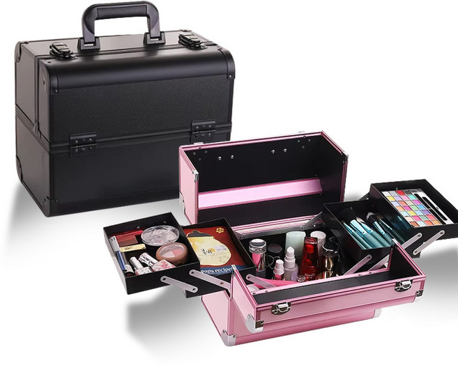 투웨이 2단 메이크업 박스 전문가용 화장품가방 반영구재료케이스 네일재료 미용재료, 1세트, 올블랙