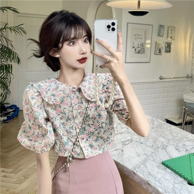 碎花襯衫 印花襯衫 花襯衫 襯衫上衣 娃娃領短袖碎花襯衫女夏季設計感小眾氣質韓版襯衫新款法式甜美泡泡袖碎花上衣