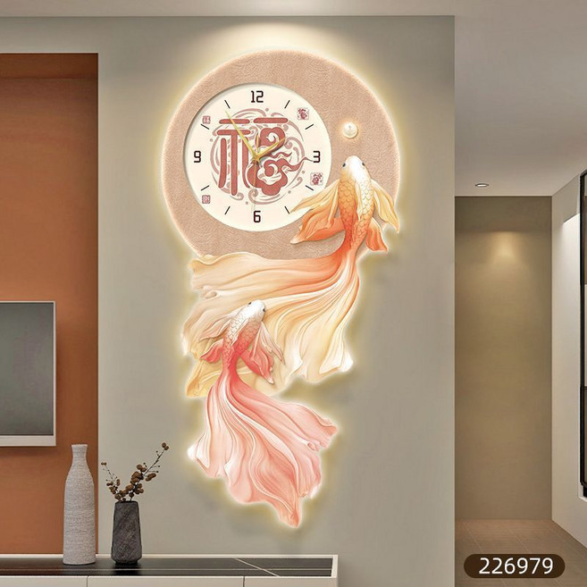 錦鯉福運掛鐘 客廳裝飾畫 新中式餐廳牆掛錶燈畫 時鐘壁畫, A-錦鯉福運+時鐘,40*80-無燈款