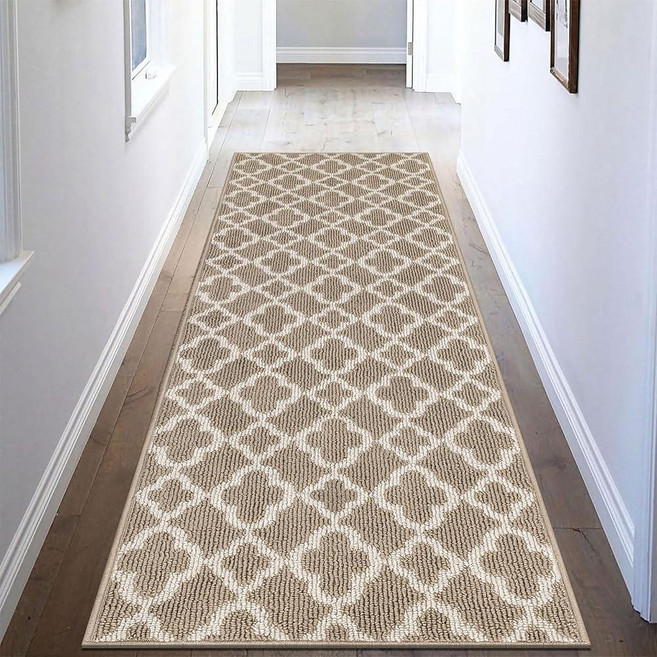 U'Artlines Washable Hallway Runner Rug 2x6' Non-Slip Basketweave Geometric Kitchen Runner Low Pr, 베이지&화이트
