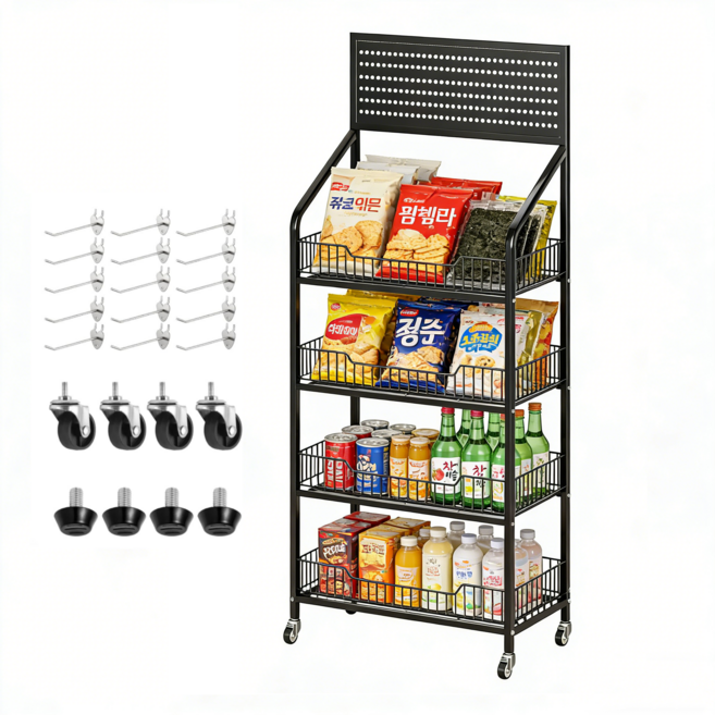 리빙가감법 철제 이동식 4단 간식 선반 스낵 디스플레이 랙 소매점 마켓 스탠드 발매트 및 후크 15개가 있는 다용도 수납선반, 1개, 블랙