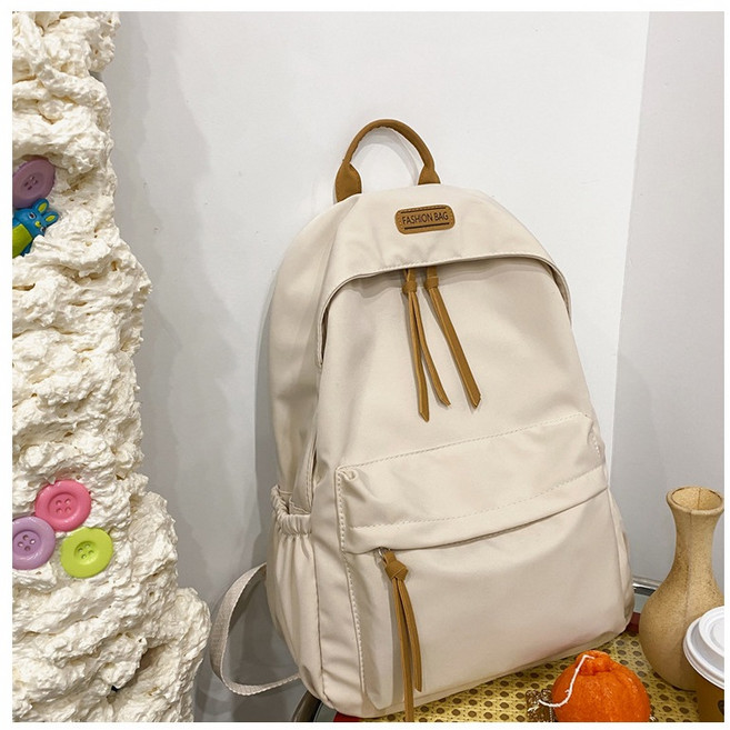 FASHION BAG 日韓簡約素色後背包 學院風休閒書包 大容量防潑水設計, A52綁繩款-月光白