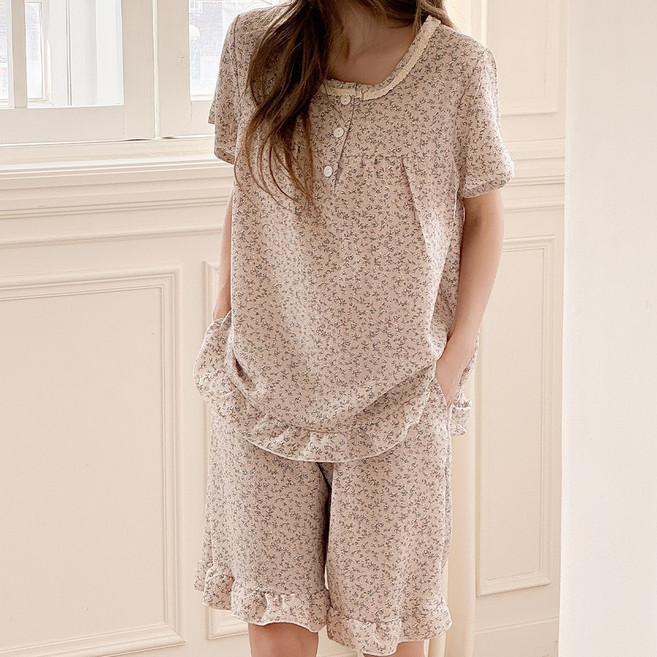 마리끄 여성 라운드 플라워 꽃무늬 여름 반팔 잠옷