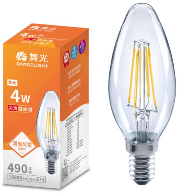 舞光 DANCELIGHT E14 4W LED燈絲燈 黃光 2700K 蠟燭燈泡, 1個, 燈絲燈-4W(尖清)