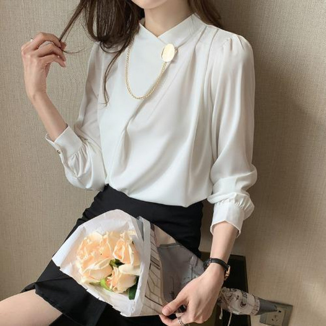 유니픽 여성 사계절 실크 짧은 기장 긴팔 블라우스 트렌디 큰 카라 디자인cc