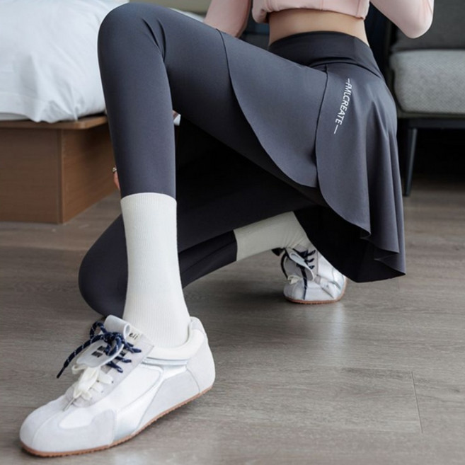 ORZQU 춘추 여성 가짜 투피스 비침 슬림핏 스판 요가 팬츠 조깅 팬츠 트레이닝 바지 요가 스커트