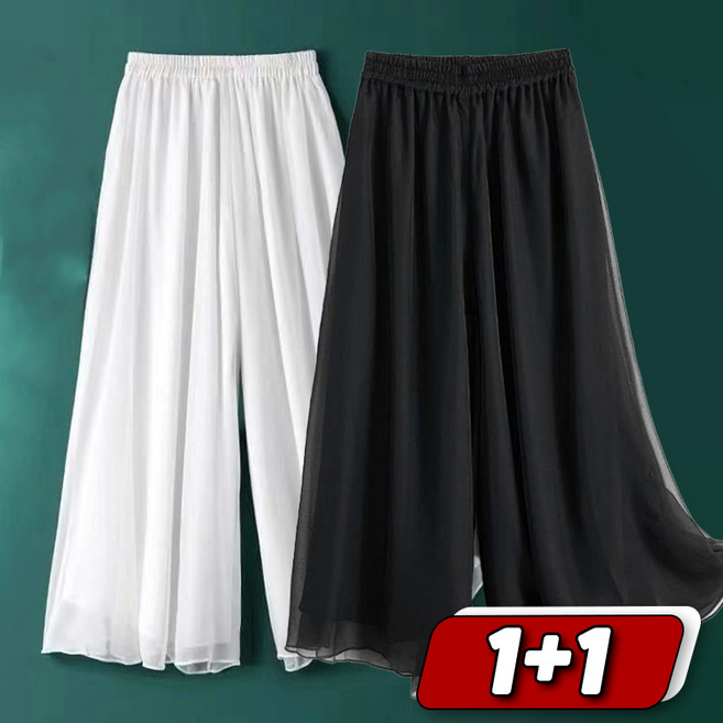 1+1 여름 쉬폰 밴딩 와이드 팬츠 루즈핏 하이웨스트 심플 쿨바지 베이직 치마바지 캐주얼 통바지 슬랙스