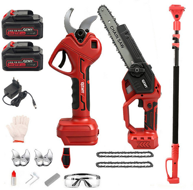 [QZMY]독일기술 브러시리스 8인치 무선 전기톱 전동 전지가위 2.5m 연장장대 톡톡365 3IN1 고지톱 21V 풀세트 타이거 더블컷, (빨간색가위+8인치 전기톱+연장막대+4.0AH배터리2), 1세트