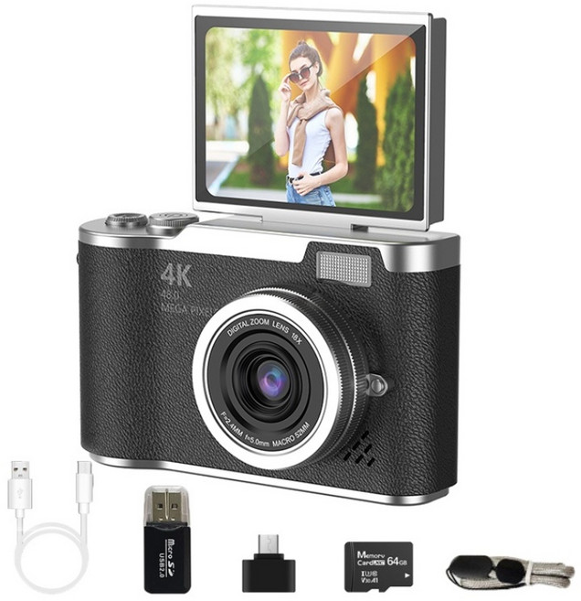 해브유 180도 회전 화면 여행용 소형 디카 휴대용 빈티지 디지털 카메라, 블랙