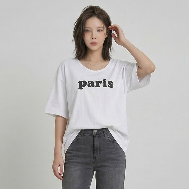 오브나인 파리스 레터링 박시핏 라운드 반팔 티셔츠 (2color)+델로나