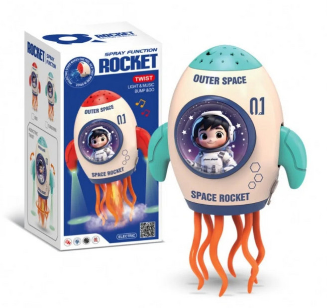 토이즈데이 실제 연기 분사! 춤추는 우주 로켓 별빛 프로젝션 사운드 LED 불빛 댄스 로보트 장난감 단체 선물, 1개, 블루