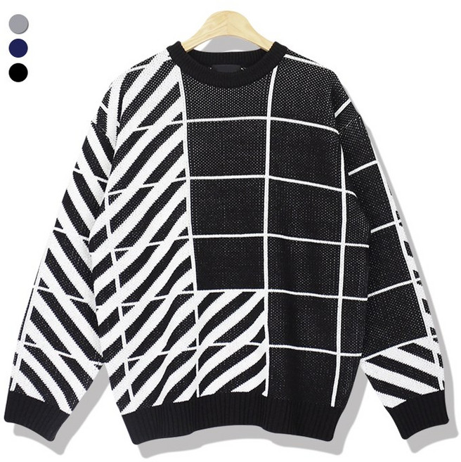 오마보이 남자 사선단가라 크루넥 루즈핏 니트