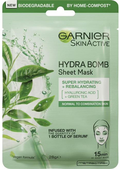 호주 가르니에 Garnier Hydra Bomb Sheet Face Mask 하이드라 뱀브 그린티 녹차 페이스 마스크 시트, 8개, 28g