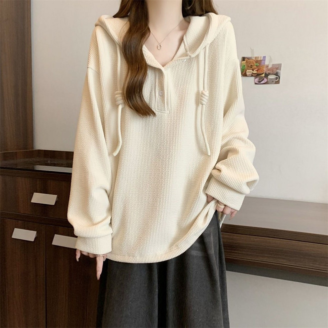 VEZRI 여성 봄 가을 리브드 텍스처 후드티 플러스사이즈 오버핏 루즈핏 여성용 데일리 상의 F88