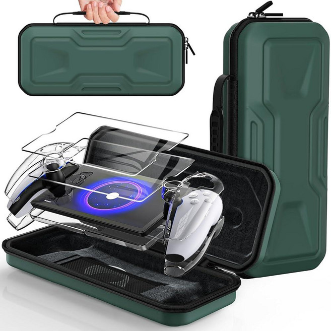 FYOUNG 3 in 1 Accessories Bundle for Playstation Portal Carrying Case & Hard PC Clear Cover Skins, 초록색