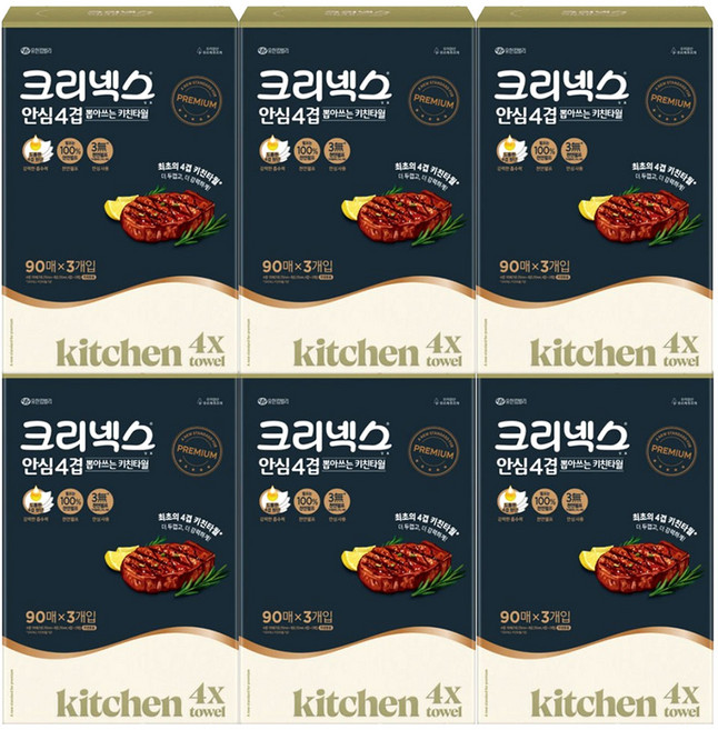 크리넥스 안심 4겹 뽑아쓰는 키친타올 90매, 3개입, 6개