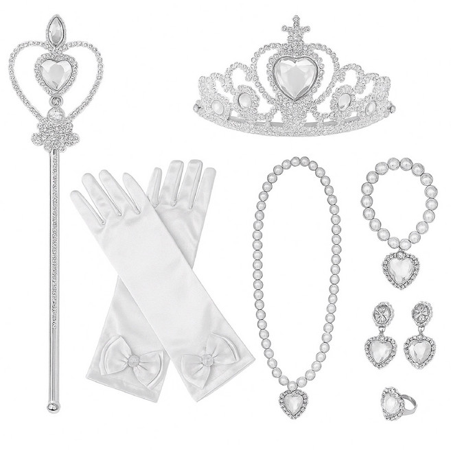 [청춘교복] 공주세트 7종 생일 축하 파티 브라이덜샤워 연말 선물 소품 프린세스 코스튬 주얼리 왕관 요술봉 목걸이 액세사리, 1개, 화이트