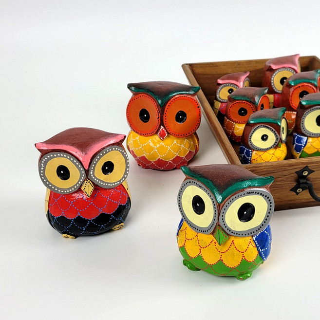 발리 인테리어 부엉이 나무 장식 소품 인형 3p 시리즈 은행잎, 3.그린옐로