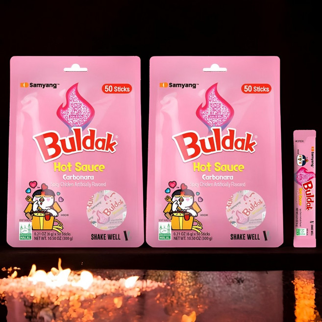 미국 내수용 삼양 불닭 까르보나라 핫 소스 스틱 50개입 x2팩 총 100개입