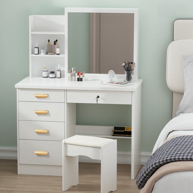 보코토 800 거울 화장대 세트 다용도 서랍형 화장대 의자 포함, 화이트