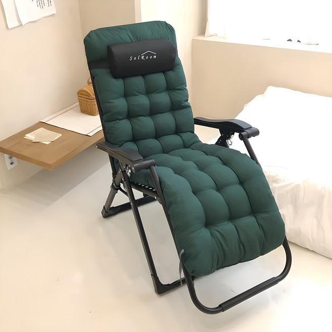 솔룸 접이식 리클라이너 의자 + 컵홀더 + 헤드쿠션 + 쿠션토퍼, 에버그린, 1개