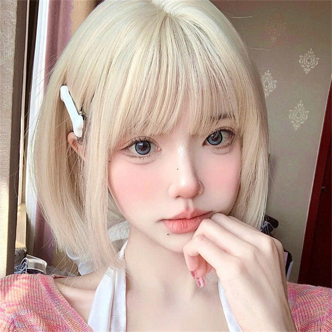 하이유니 백금발 똑단발 헤어 통가발 + 가발망 + 거치대, 1개, 라이트골드