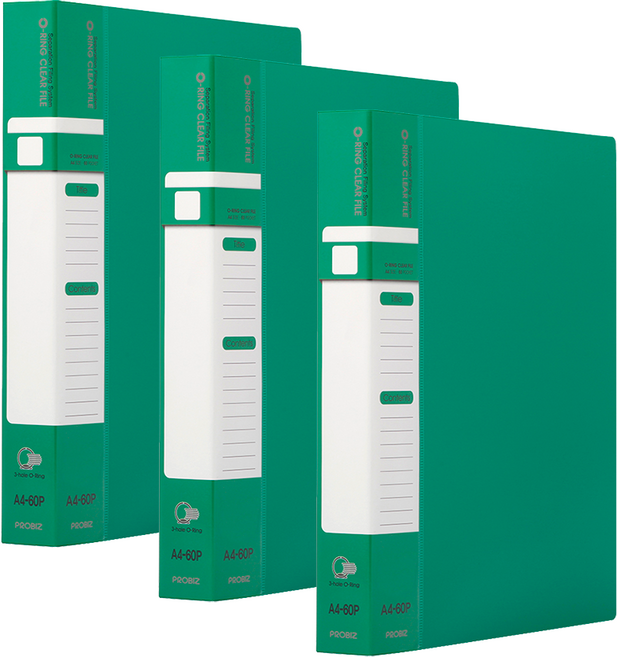 프로비즈 3공 O링 클리어파일 바인더화일 60매, 3개, 그린