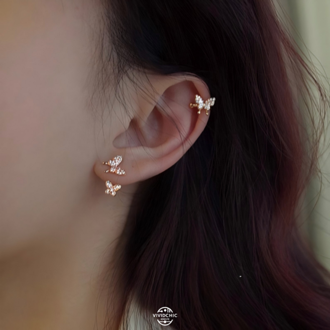 비비드칙 14KGF 투웨어 나비 지르콘 925은침 귀걸이