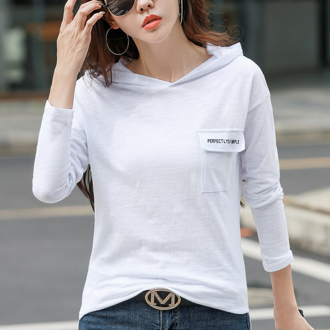 스타일아유 봄가을 면100% 루즈핏 후드 긴팔 티셔츠 여성 빅사이즈 심플 이너 데일리룩 TS3075